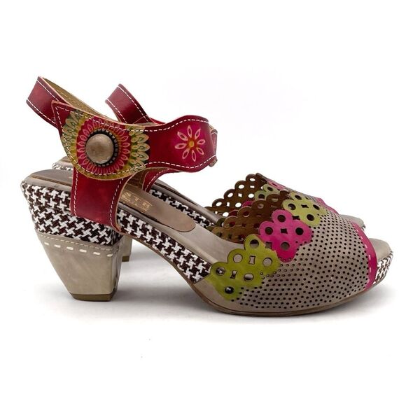 L’Artiste by Spring Step Jive Sandals Size 41 EU 9.5 US Red Floral Leather Heels - Picture 7 of 16
